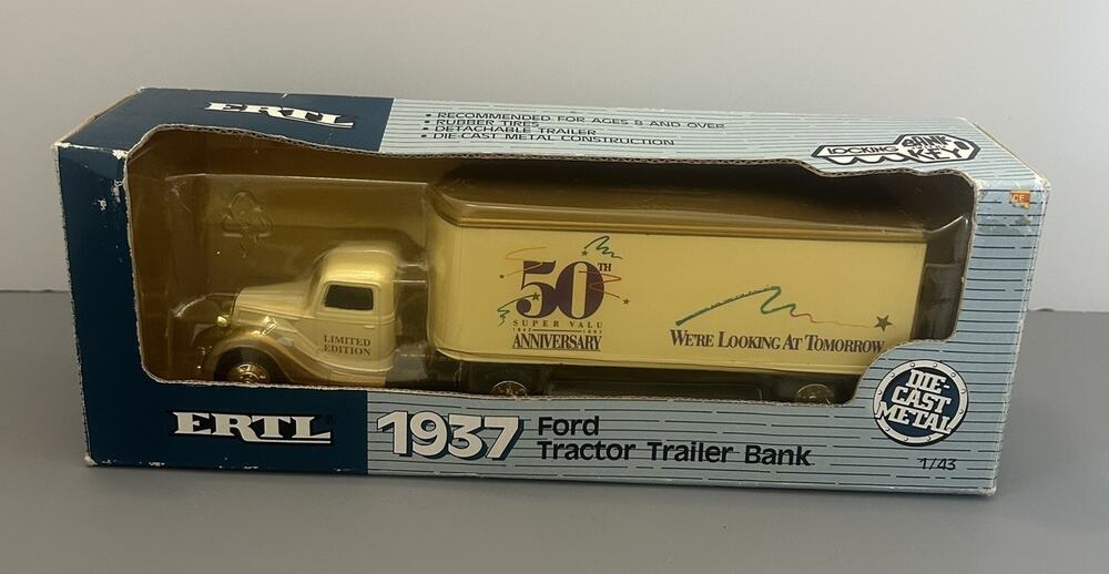 Ertl 1937 Ford Tractor Trailer Bank Super Valu 50th Anniversary 1/43 DieCast VTG